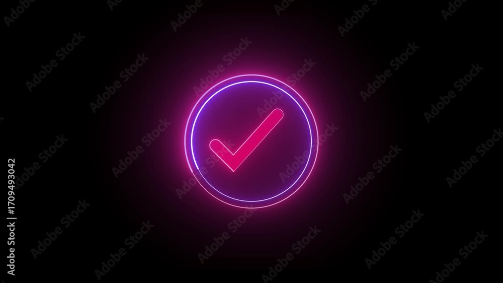 Poster digital interface neon checkmark animation glowing pink purple tick mark success loop. pink purple n