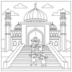Mosque vector illustration with domes minarets and children playing happily on stairs in front of entrance under cloudy sky created in black and white line art style