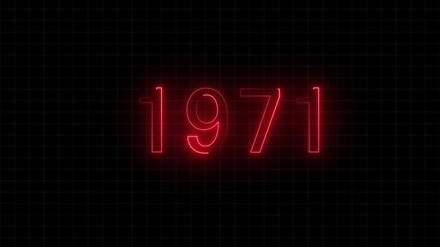 Red Neon sign with the 1971in bright glowing neon light background number. abstract 1971 neon text animation.