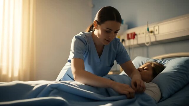 Nurse taking care of patient in hospital bed video, ai generated