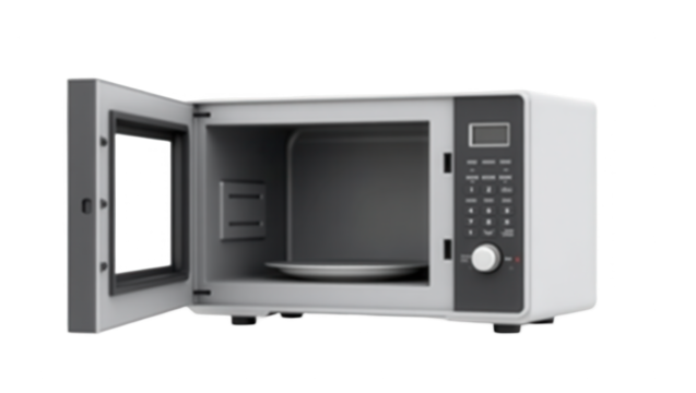 A modern, light gray microwave oven, open, is displayed against a plain background.
