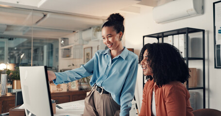 Happy, women and teamwork with computer, office and advice for market research on website at night....
