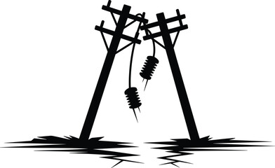 Broken utility poles, earthquake damage, storm destruction, cracked ground, damaged electrical insulators, disaster aftermath, infrastructure collapse, power outage, natural disaster