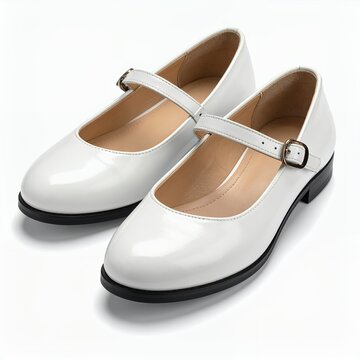 Elegant shiny white mary jane shoes pair in a staged composition on a seamless backdrop