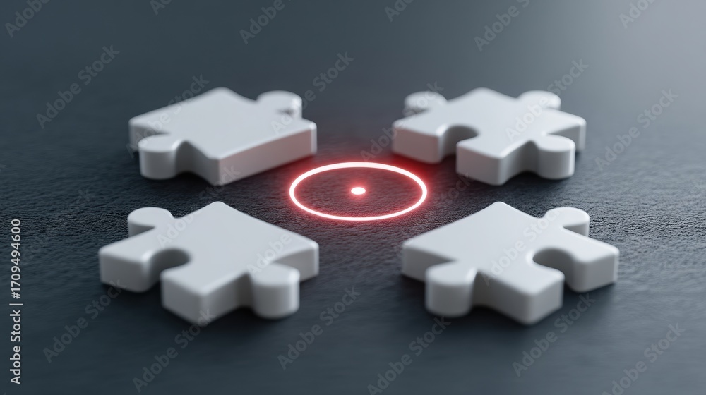 Poster integration goal 2026 Puzzle pieces arranged around a red dot on a smooth surface, symbolizing connection and completion.