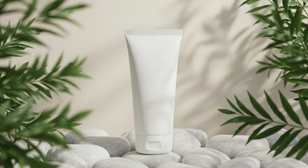 White Cosmetic Tube on Pebbles with Green Leaves.
