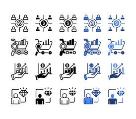 Customer, Sales analytics, Investment, Value chain, multiple style icon set.