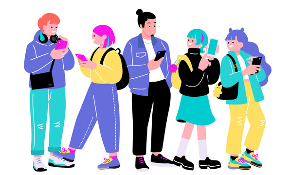 ポップでカラフルなZ世代の若者　スマートフォンを持つ人々のイラスト