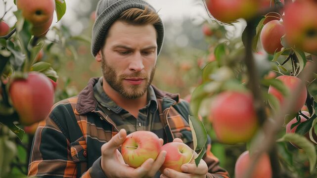 Man Picking Apples in Orchard. Young man picking apples in an orchard. Ideal for autumn or harvest-themed designs.