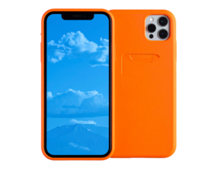 Modern smartphone in orange case mockup with blank blue screen on transparent backgro