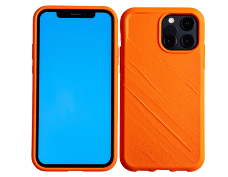 Modern smartphone in orange case mockup with blank blue screen on transparent backgro