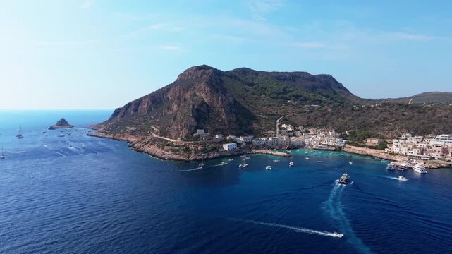 Mediterranean coast in Sicilian sunny town. Aerial view