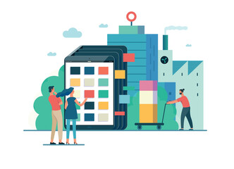 E-commerce information vector graphic A “Catalogue” scene with a building and two people, on a light background