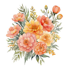 Watercolor arrangement of peach and yellow flowers with green leaves on white floral bouquet