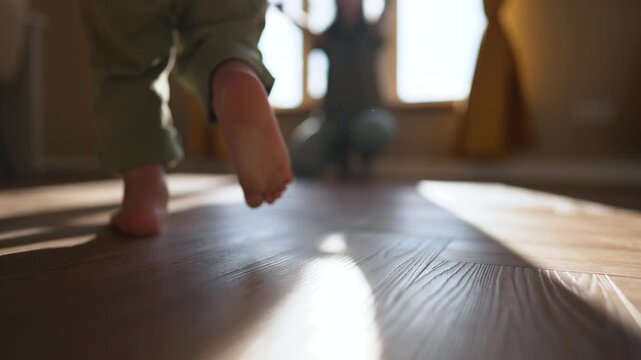 Toddler takes first barefoot step toward sunlight on wooden floor with parent kneeling observing baby foot and small toe movement while balance and learning unfold in cozy home with warm curtain glow