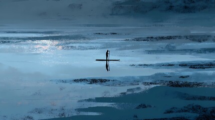 Sporty figure on paddleboard standing straight, quietly exploring water environment in balanced and relaxed posture.