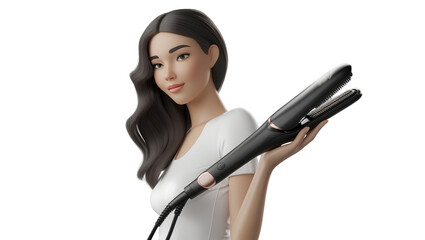 Fototapeta premium A stylish woman displays a modern, sleek hair straightener against a striking black background.