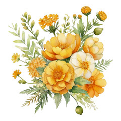 Watercolor arrangement of yellow orange and white marigold flowers with green foliage bouquet