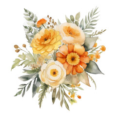 Watercolor arrangement of yellow, orange, and cream flowers with green leaves bouquet floral