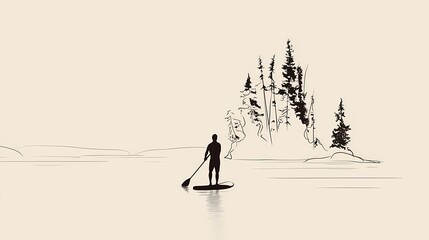 Outdoor athlete standing on SUP board on quiet lake, practicing balance and enjoying scenic water sport moment.
