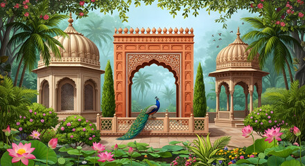 Beautiful indian garden with peacock and architecture illustration for background design use one hundred