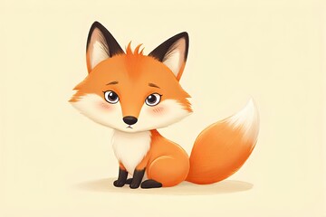 Obraz premium Adorable Cartoon Fox Sitting on Beige Background