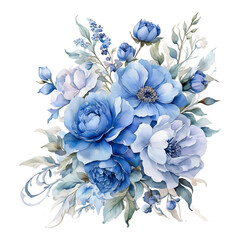 Watercolor Blue and White Floral Arrangement with Green Leaves flowers bouquet