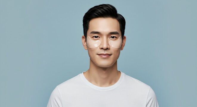 Man with eye patches on face, looking away. Skincare and beauty treatment for men. Relaxation and self care routine. - Powered by Adobe