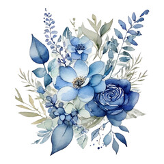 Watercolor blue floral bouquet with delicate leaves and petals flowers