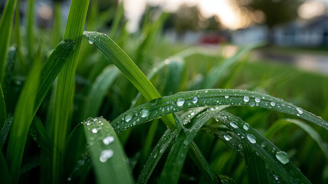 Close-up of fresh dewy grass in a serene morning setting.