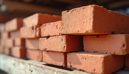 Close-up of freshly cut red bricks stacked on wooden pallet. Ideal for illustrating masonry, construction materials, and building projects