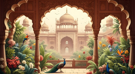 Indian palace garden with peacocks and parrots beautiful architecture and nature illustration art