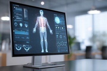 Obraz premium Modern healthcare concept showing digital human anatomy and health statistics on a high-tech monitor in a medical office.