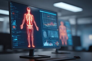 Modern healthcare concept showing digital human anatomy and health statistics on a high-tech monitor in a medical office.