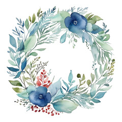 Watercolor blue floral wreath with green leaves and red berries flowers
