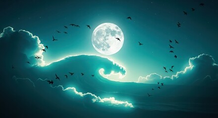 A full moon shines brightly through dramatic, glowing clouds with birds flying