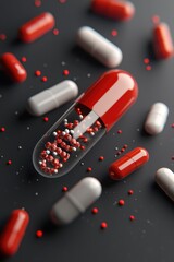 Close-up of red and white capsules with detailed medicine beads inside, symbolizing healthcare, treatment, and innovation in modern medical science.