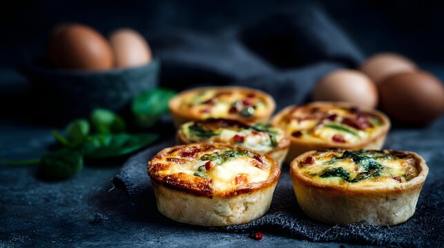 A variety of mini quiches displayed on a slate surface, featuring different fillings such as vegetables and cheese, garnished with herbs.