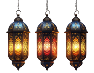 Three Decorative Hanging Lanterns on transparent background. Lanterns png, Arabic Lan 
