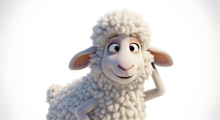 Cartoon sheep with fluffy wool, smiling and looking to the side with a hand raised to its head in a listening pose, against a white background.
