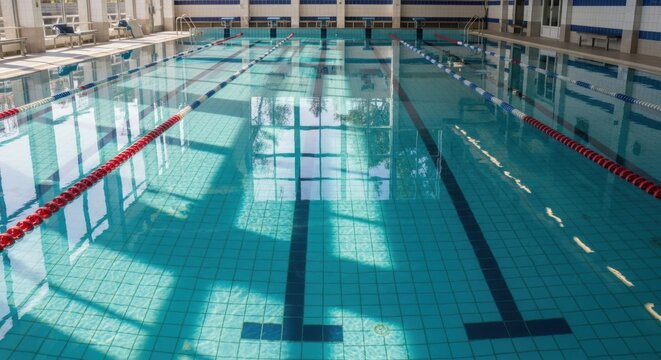 An empty indoor swimming pool with lanes and starting blocks, ready for training or competition - Powered by Adobe