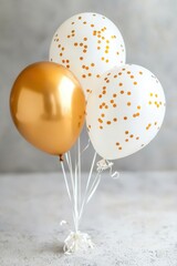 Elegant bunch of gold and white balloons with festive polka dot design on a light background. Minimal and stylish decoration symbolizing parties, birthdays, weddings, and joyful celebrations.