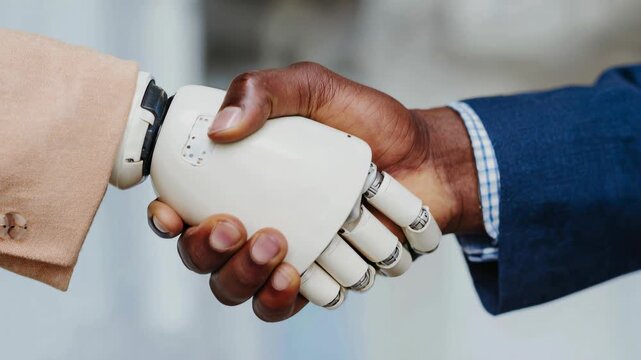 Executive and robot complete handshake in neutral studio, symbolizing corporate trust, clarity, and measurable results for automation-driven organizations.