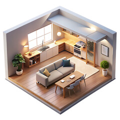 Isometric miniature living room and kitchen interior design