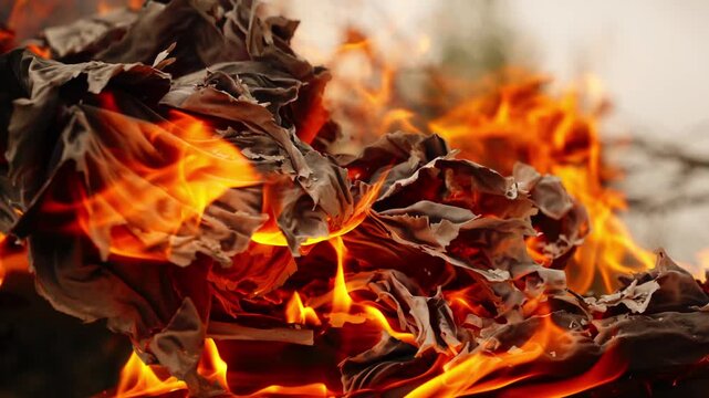 Close-up of burning paper with bright orange flames and charred. slow motion