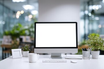 Fototapeta premium blurred background of a modern office interior with a white desk and computer monitor mockup, a minimalist work space for a graphic designer or web developer, with copy space.