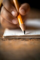 Close-up of hand writing with pencil on old notebook placed on rustic wooden desk. Warm tones symbolize learning, creativity, journaling, and authentic lifestyle moments.