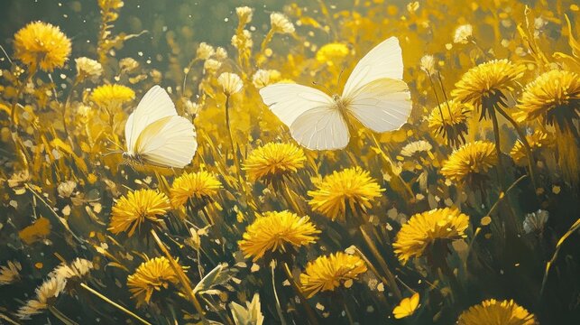 Fototapeta White Butterflies in Golden Dandelion Field.