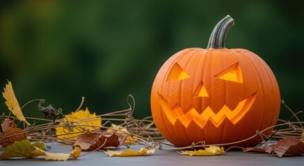 Carved halloween pumpkin with a scary face and glowing light