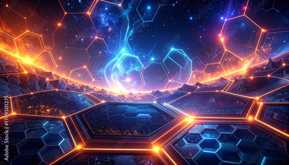 Poster digital glowing lines and stars explode across a futuristic virtual fractal realm of abstract light 